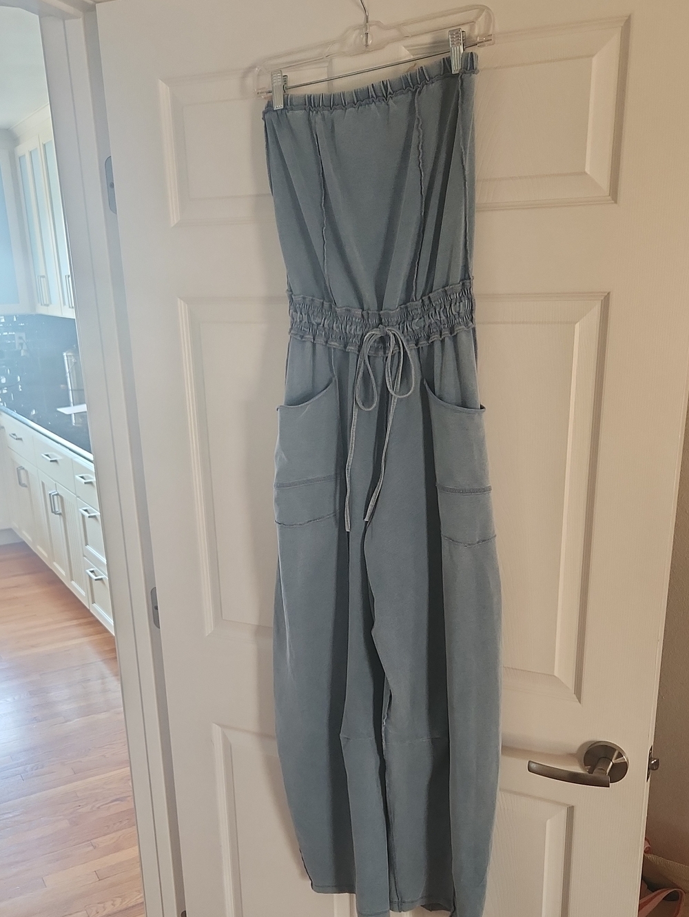 Mahina Light Blue Strapless Utility Jumpsuit with Drawstring Waist